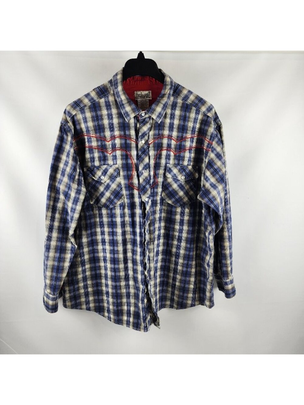 Express Rider Shirt Men 2XL Western Pearl Snap Long Sleeve Blue Red Tan